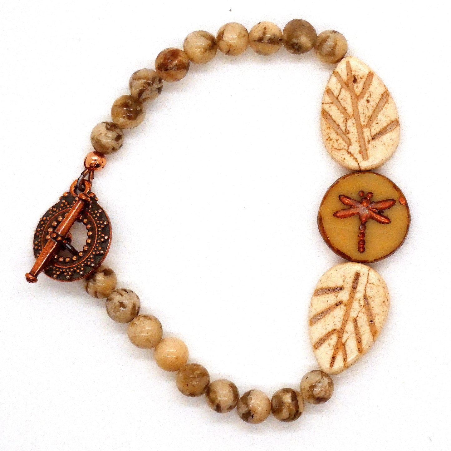 Ivory Howlite Leaves and Dragonfly Bracelet